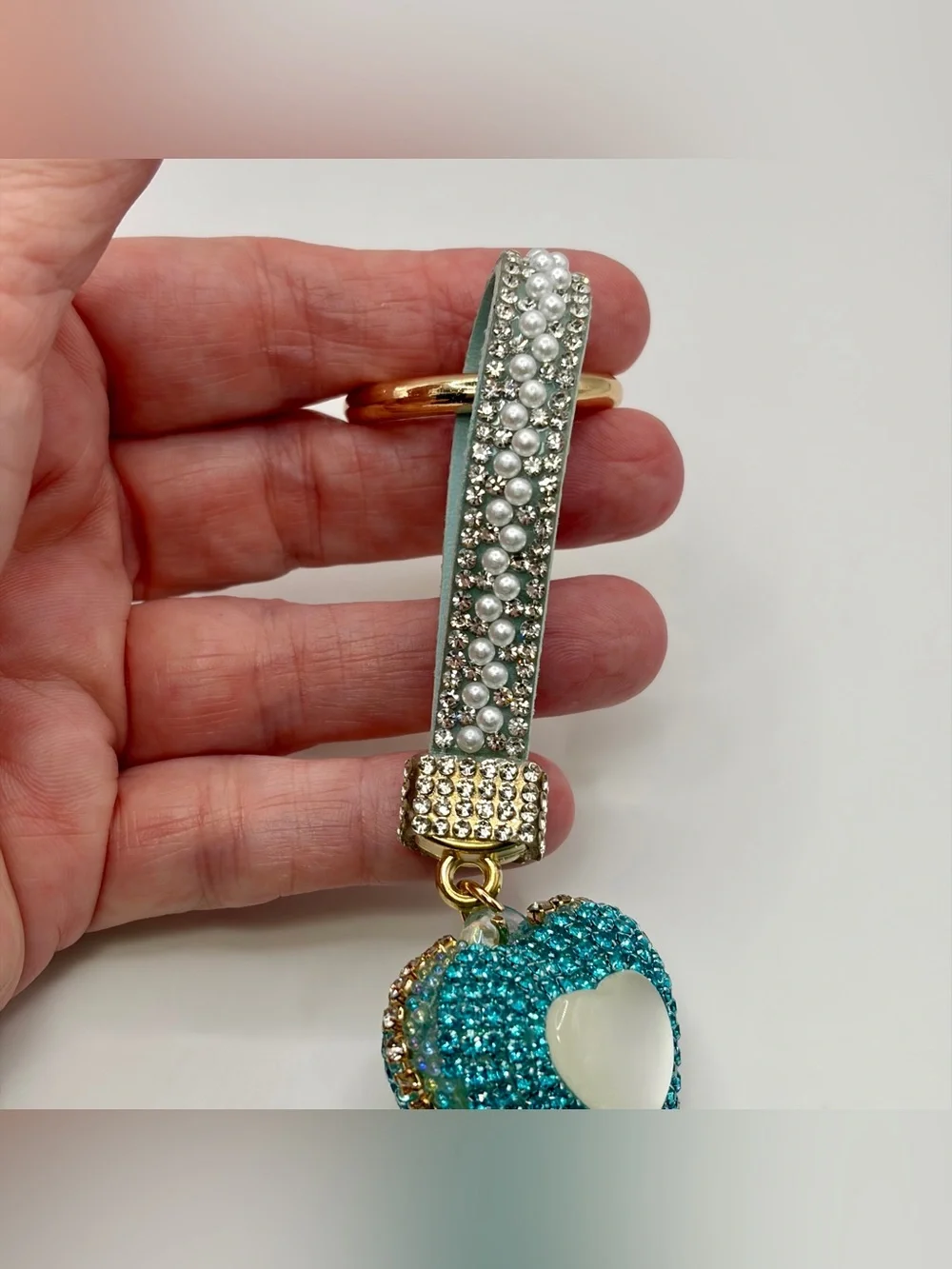Crystal Strap Keychain with Teal Heart Charm
